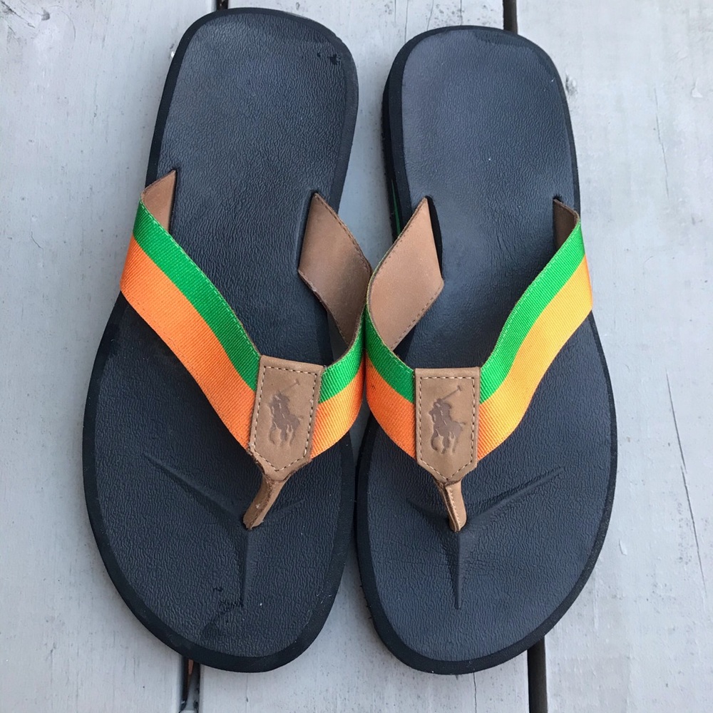 Polo Ralph Lauren Sullivan Orange Green Flip Flops Sandals - Picture 3 of 4